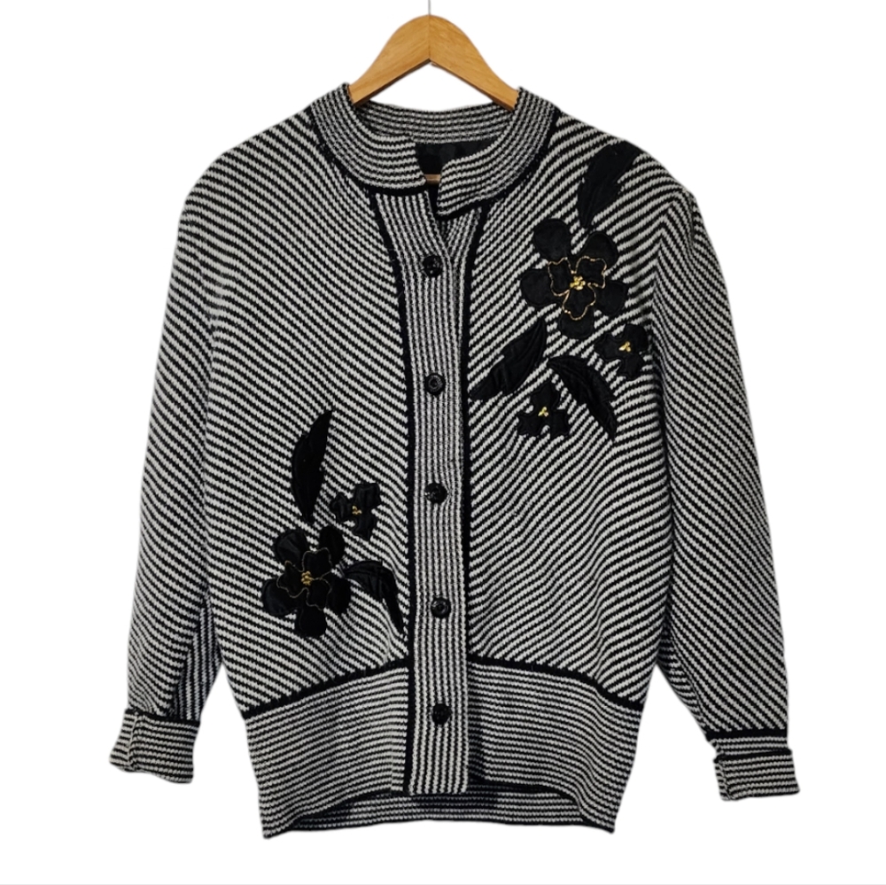Striped Black and White Cardigan with Floral Design